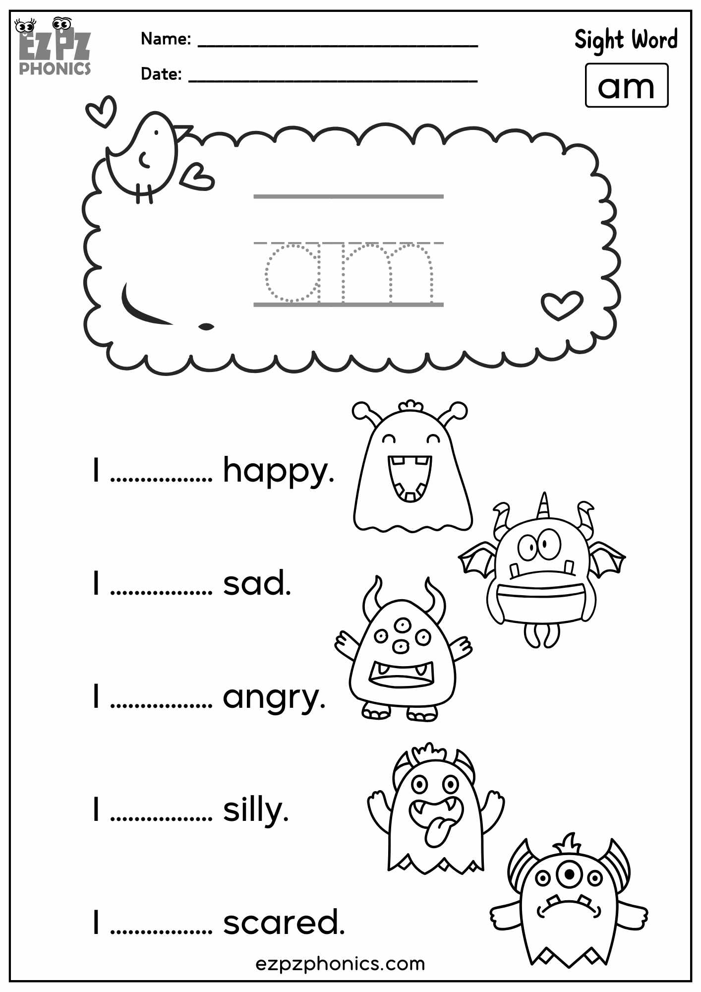 “Am” Sight Word Worksheet  – Fun Practice for Kindergarten & First Grade
